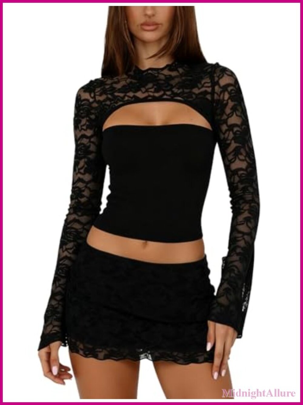Y2K Lace 2 Piece Mini Skirt Set Long Sleeve Cutout Top Bodycon Going Out Outfit